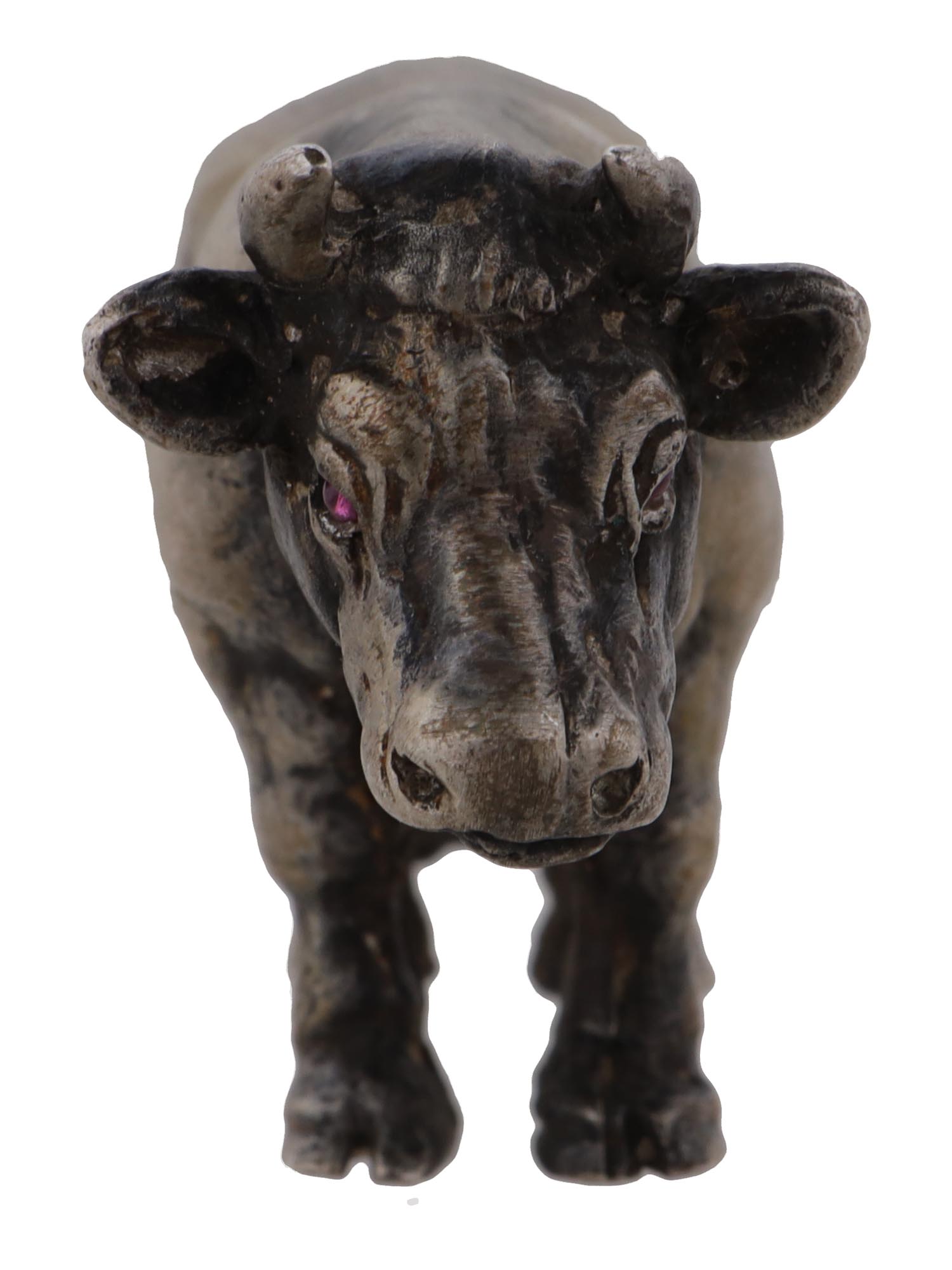 RUSSIAN SILVER COW FIGURINE WITH RUBY STONE EYES PIC-2